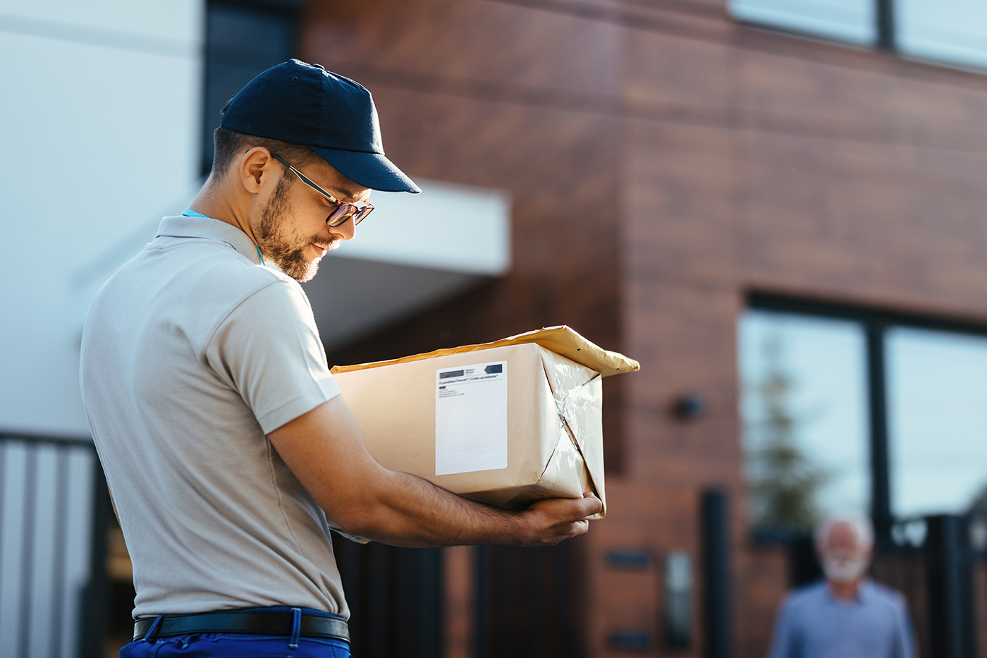 Paketservice Hamburg – Persönlich, pünktlich, professionell Lächelnde Zustellerin mit Paket und Lieferschein – Paketservice Hamburg